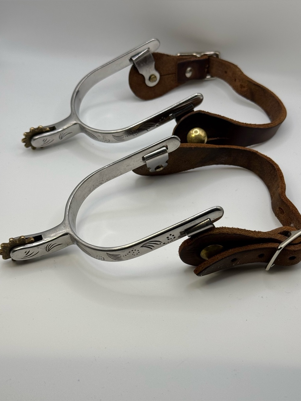 Vintage Engraved Western Cowboy Spurs with  Leather Straps Pair